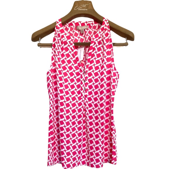 SM•NWT•BANANA REPUBLIC•PINK & WHITE SLEEVELESS V-NECK BLOUSE W BUTTON DETAIL• - Picture 1 of 5